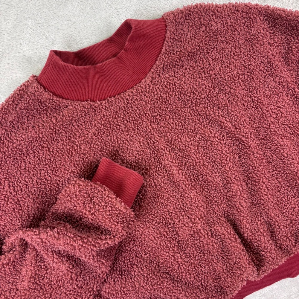 Fabletics Women's Cropped Sherpa Pullover Sz XS Burgundy Teddy Fleece Sweatshirt